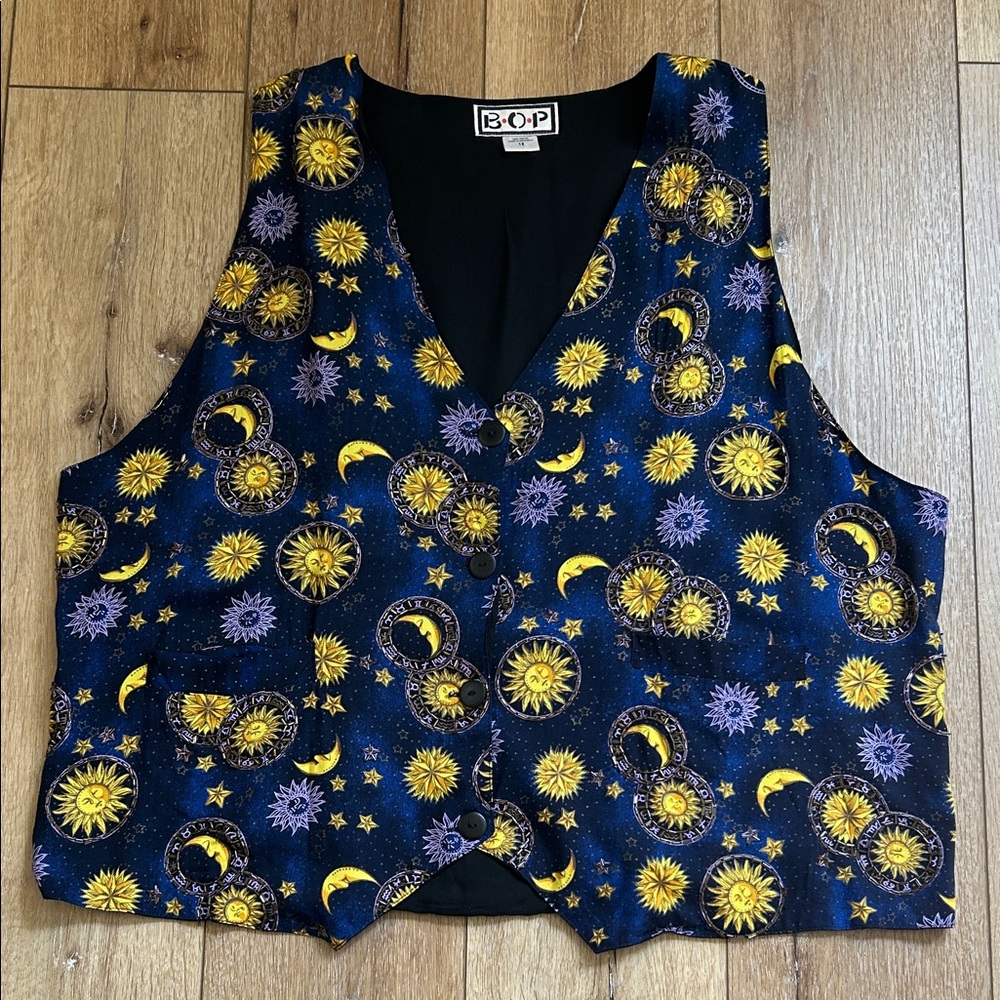 Vintage BOP Vest Celestial Sun Moon Print Astrology Size 1X